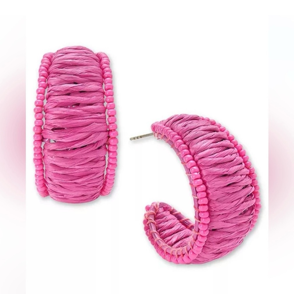 Medium Pink Color Seed Bead & Raffia C-Hoop Earrings